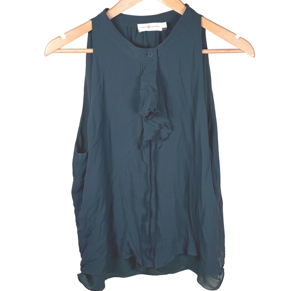 Tory Burch Ruffle Front‎ Blouse Women 14 Forest Green Silk Career Corporatecore